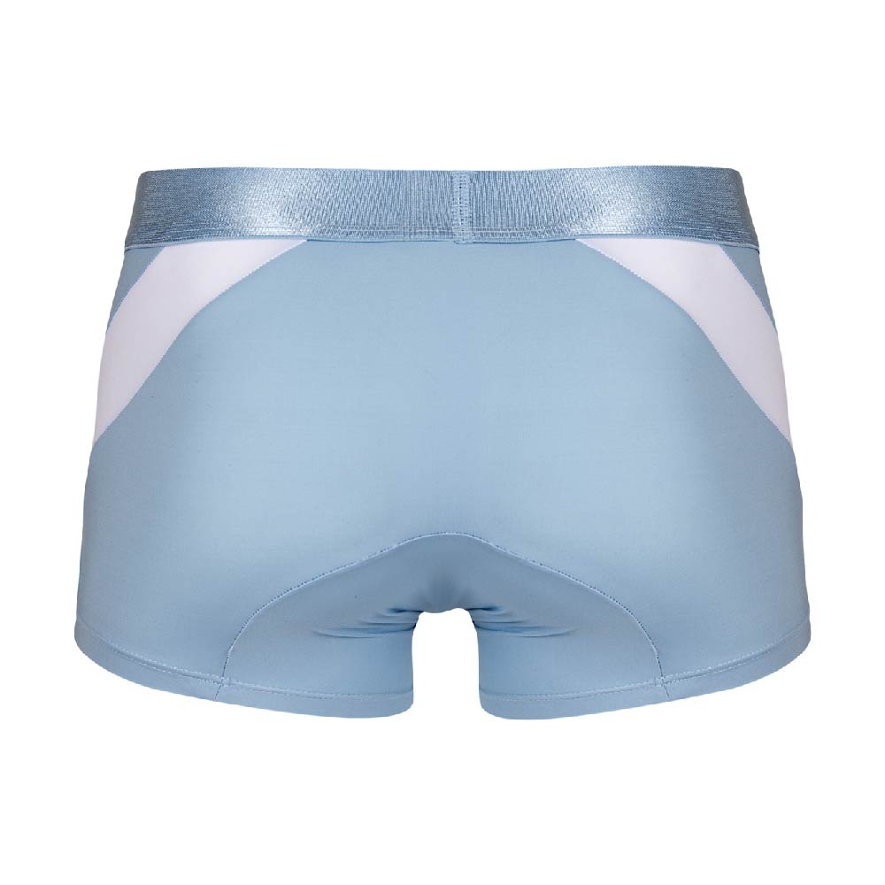The back view of light blue mens athletic shorts showcases a wide elastic waistband. Crafted from a premium fabric blend, the shorts feature white accents near the waistband, echoing the design elements and smooth fit reminiscent of Agacio Boxer Trunks Comfortable Underwear by Agacio.
