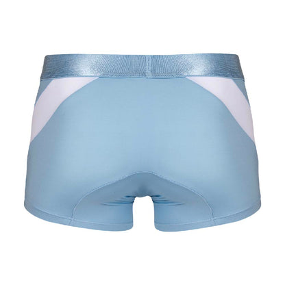 The back view of light blue mens athletic shorts showcases a wide elastic waistband. Crafted from a premium fabric blend, the shorts feature white accents near the waistband, echoing the design elements and smooth fit reminiscent of Agacio Boxer Trunks Comfortable Underwear by Agacio.