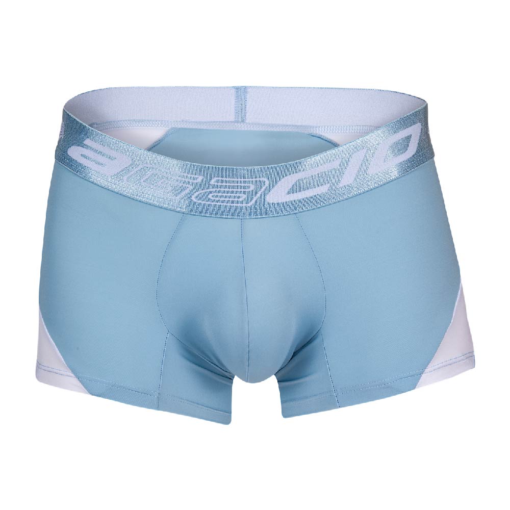 Agacio Boxer Trunks by Agacio feature a light blue and white design with a wide waistband and bold white logo. Made from a premium fabric blend, they offer a snug fit with contour pouch magic for enhanced comfort.