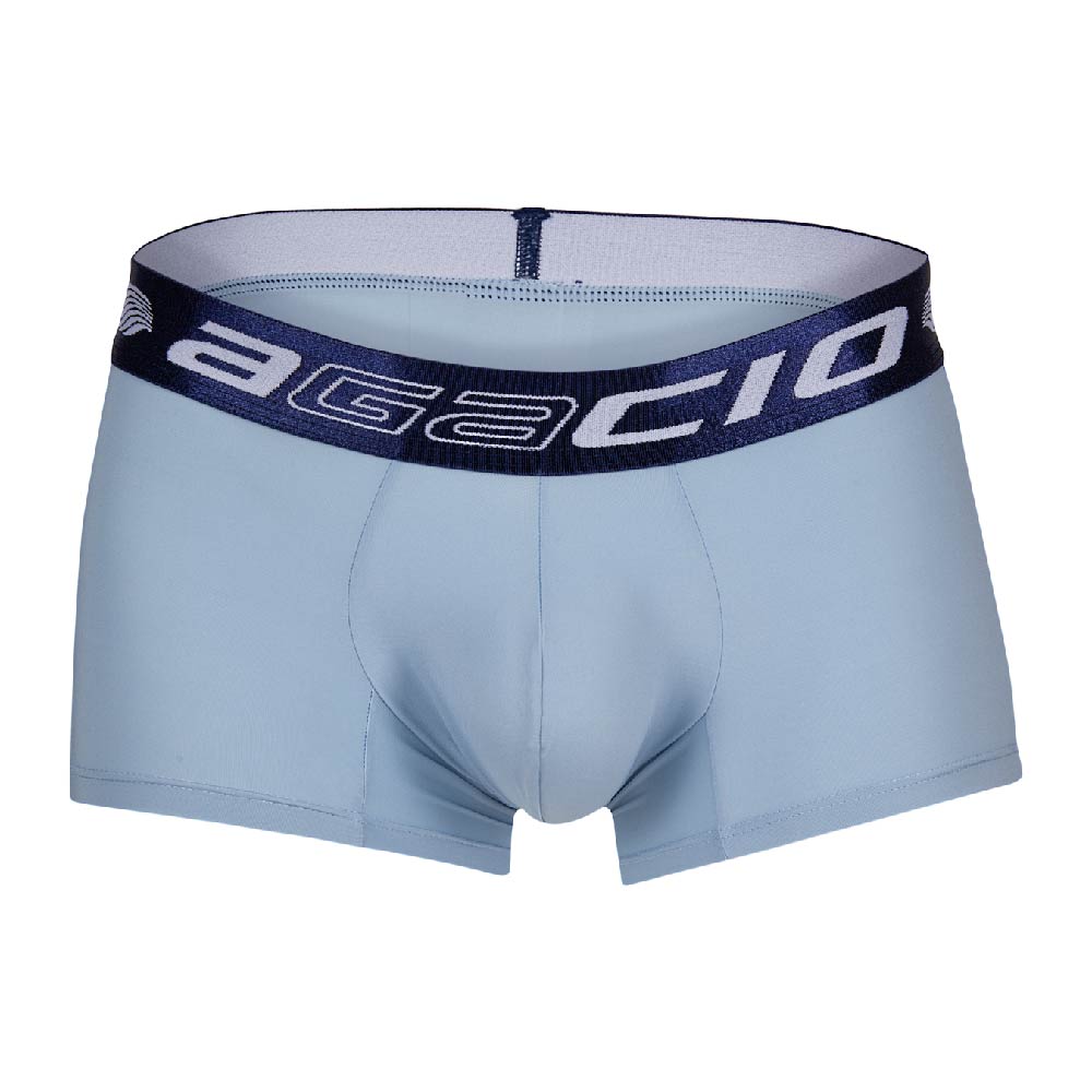 Light blue Agacio Boxer Trunks for men featuring a dark blue waistband with bold white lettering, designed for ultimate support and comfort.