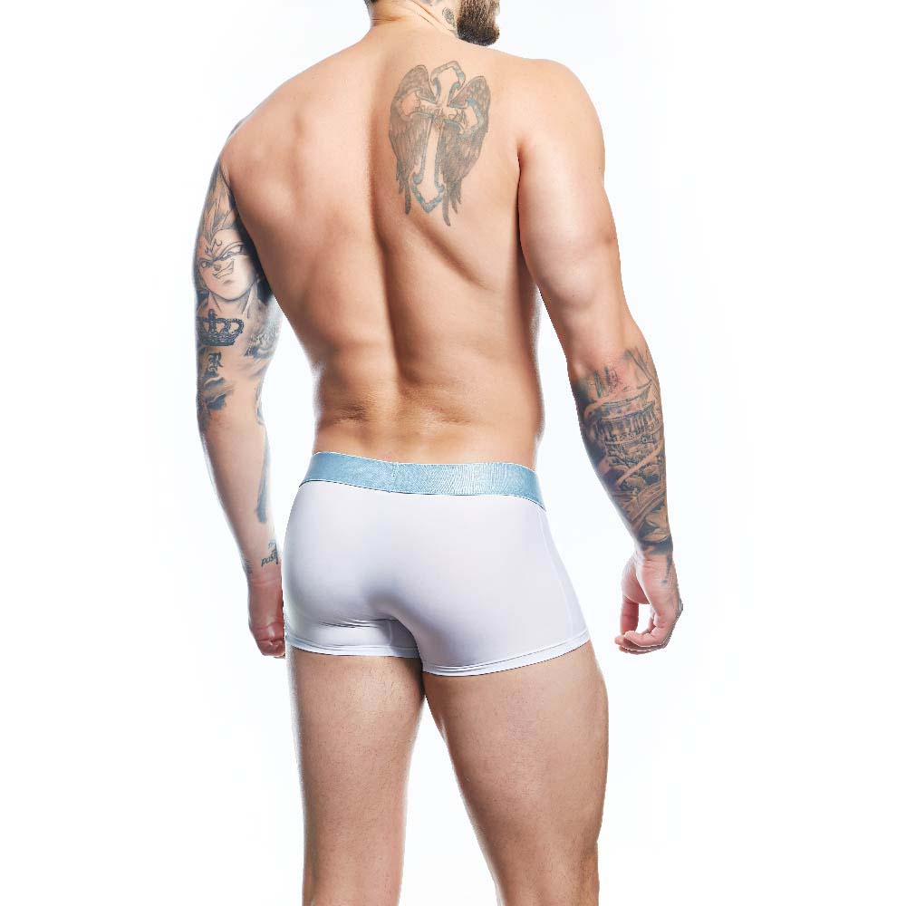 A tattooed man stands shirtless with his back to the camera, wearing white Agacio Boxer Trunks Comfortable Underwear featuring a blue waistband, exuding comfort and support against a plain white background.