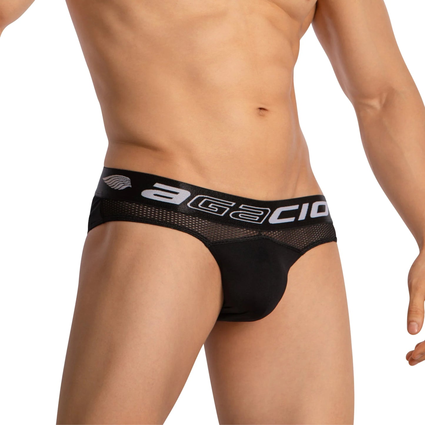 A person wearing Agacio Mens Sheer Briefs with a black mesh design, branded waistband, and contour pouch for comfort and support against a plain white background.