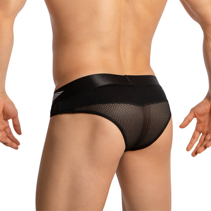 A person wears the Agacio Mens Sheer Brief, featuring a solid waistband and luxurious fabric with small mesh holes for a semi-transparent effect. A contour pouch ensures comfort, while their skin subtly peeks through the mesh.