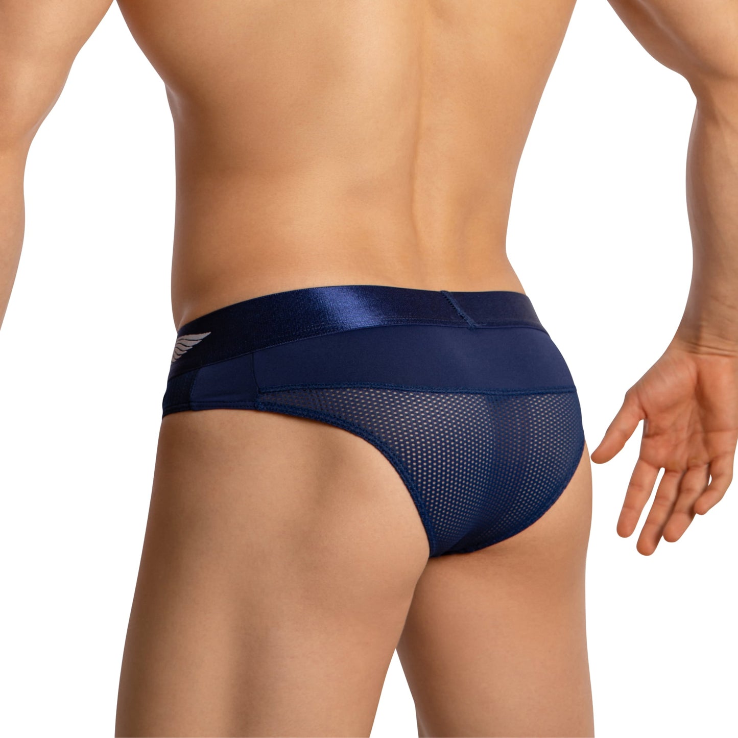 The Agacio Mens Sheer Brief is showcased from the back, highlighting its sheer navy mesh, solid waistband, and contour pouch for a sporty, modern look. Set against a plain white background, the focus is on its luxurious design.