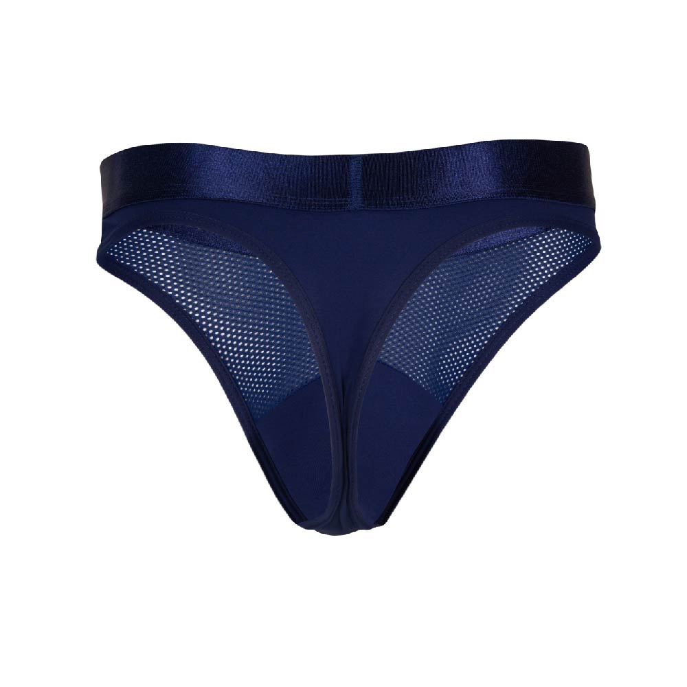 The Agacio Thong for Men features a navy blue mesh design with a shiny waistband and triangular front. Made from a premium blend, it offers breathable mesh sides for comfort, ensuring minimalist style with ease and sophistication.