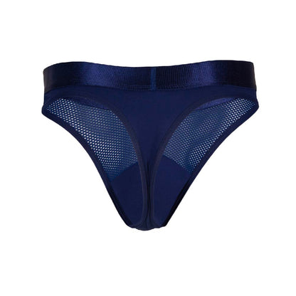 The Agacio Thong for Men features a navy blue mesh design with a shiny waistband and triangular front. Made from a premium blend, it offers breathable mesh sides for comfort, ensuring minimalist style with ease and sophistication.