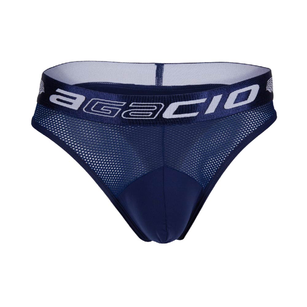 A pair of semi-transparent Agacio Thong for Men, crafted from a premium fabric blend for breathability, featuring a thick blue mesh waistband with Agacio in bold white letters.
