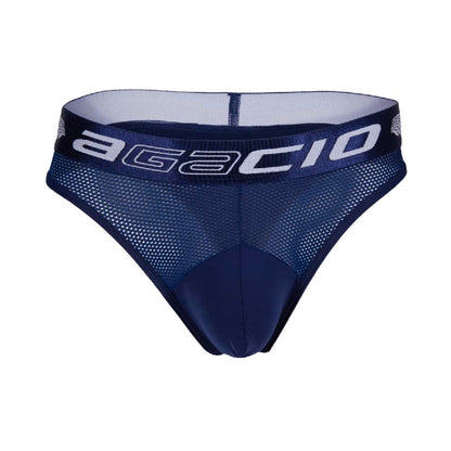 A pair of semi-transparent Agacio Thong for Men, crafted from a premium fabric blend for breathability, featuring a thick blue mesh waistband with Agacio in bold white letters.