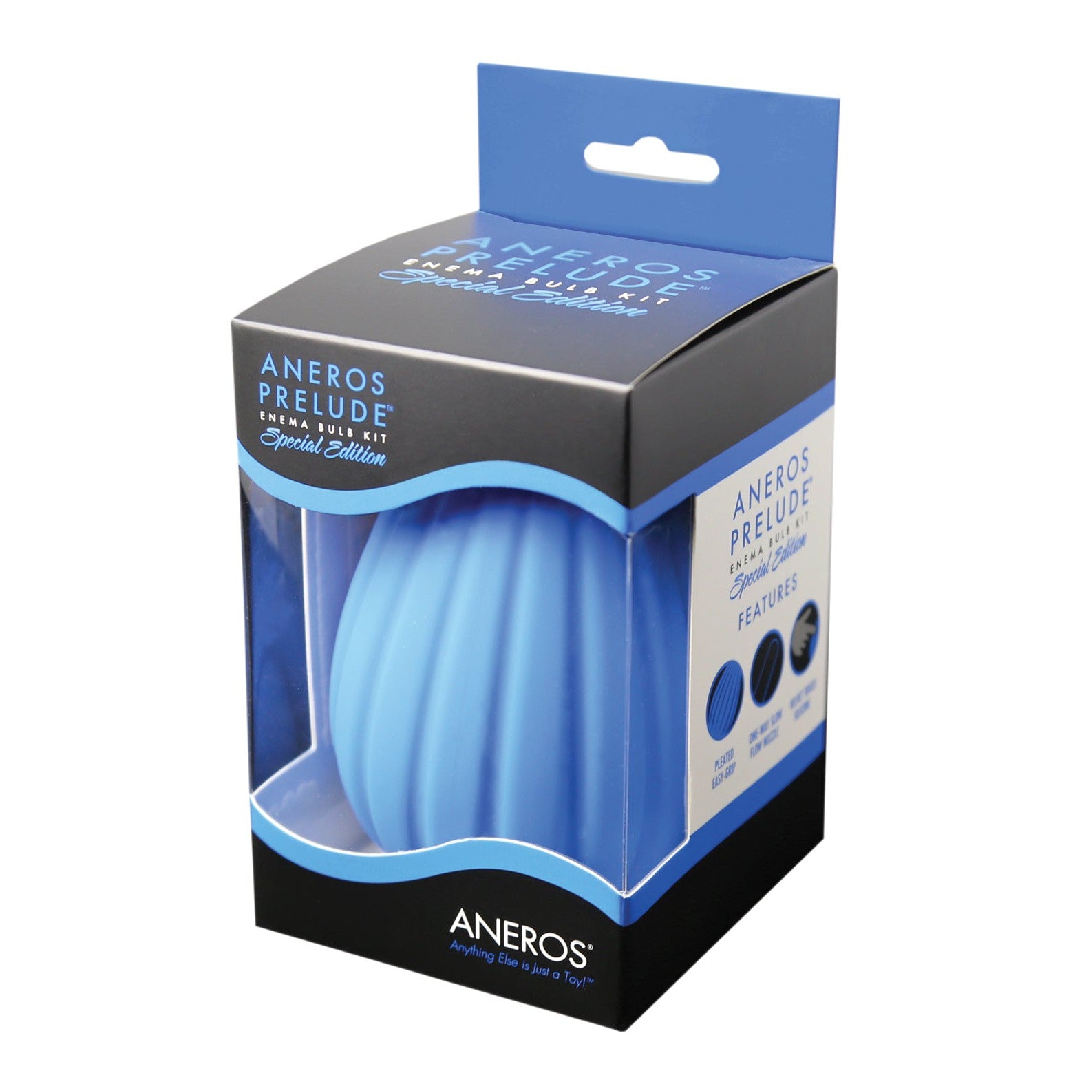 The Aneros Prelude Enema Special Edition Bulb Kit features sleek blue and black packaging with a blue bulb. The box highlights features, the Aneros brand name, and promotes both prostate health and cancer awareness.