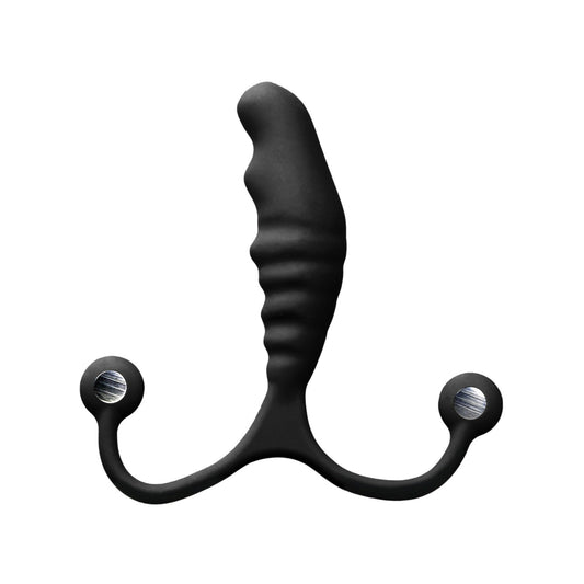 The Aneros Psy Adjustable Prostate Stimulator from Aneros is a black, anatomically designed piece with a wavy stem and two bulbous ends, resembling modern art. Its silicone-coated for a smooth finish to enhance pleasure.