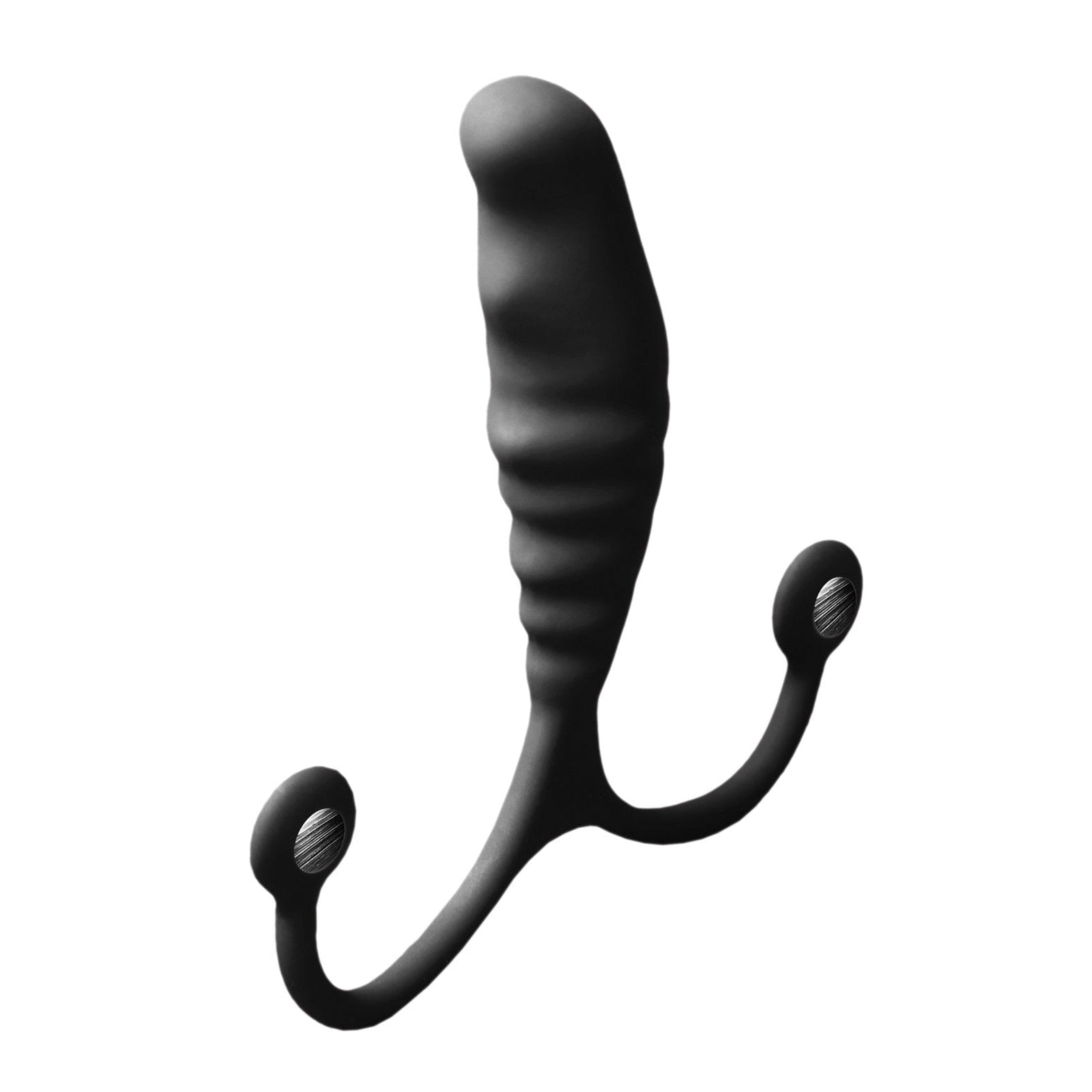 The Aneros Psy Adjustable Prostate Stimulator by Aneros features an anatomically designed, black silicone-coated ribbed shaft with dual curved handles for a comfortable grip, highlighting both its sleek aesthetic and functional ease of use.