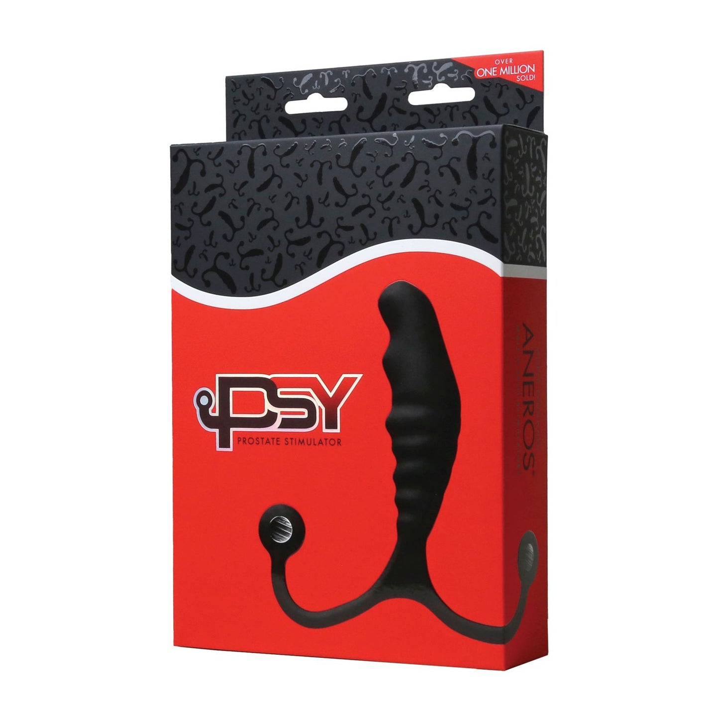The image features the Aneros Psy Adjustable Prostate Stimulator packaging, highlighting PSY with a black and red wave design. It notes over one million sold and emphasizes an anatomically designed silicone-coated construction for enhanced comfort by Aneros.