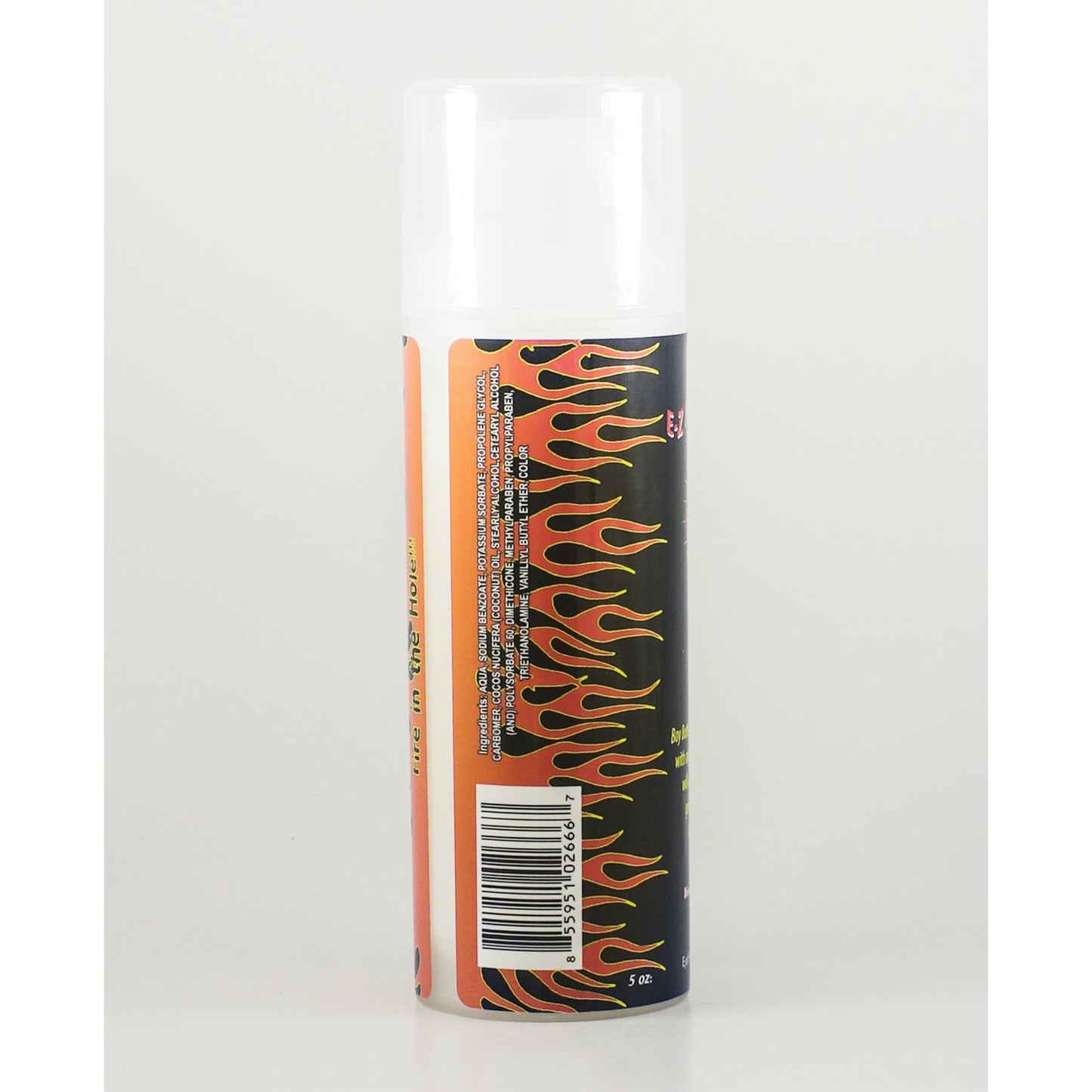 The aerosol can features flame graphics, a back label with text and barcode, and a white cap with an orange-to-black gradient design, evoking the thrill of Boy Butters Water Based Warming Lubricant - 5 oz.