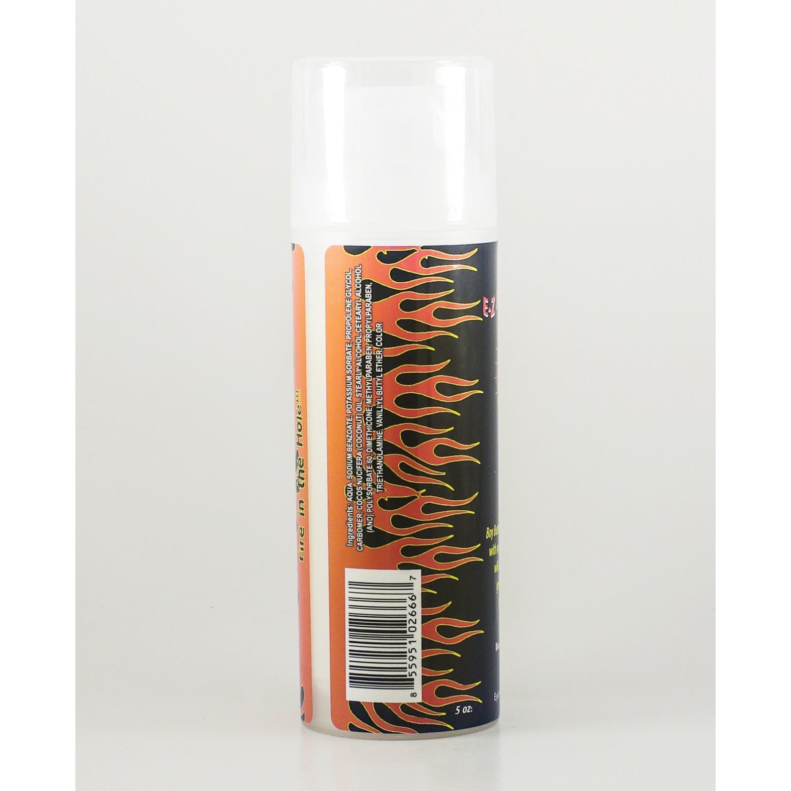 The aerosol can features flame graphics, a back label with text and barcode, and a white cap with an orange-to-black gradient design, evoking the thrill of Boy Butters Water Based Warming Lubricant - 5 oz.