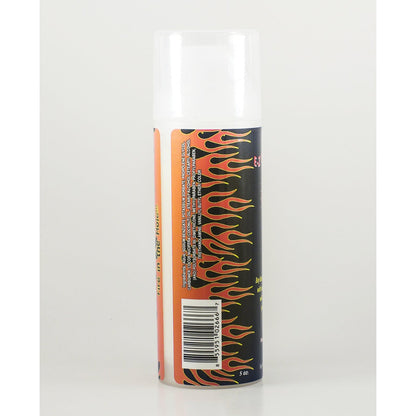 The aerosol can features flame graphics, a back label with text and barcode, and a white cap with an orange-to-black gradient design, evoking the thrill of Boy Butters Water Based Warming Lubricant - 5 oz.