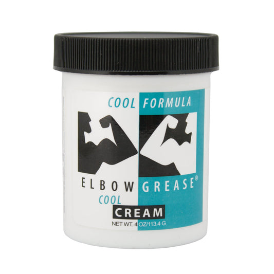 Elbow Grease Cool Cream, renowned for its tingling sensation, comes in a 4 oz (113.4 g) container with a black lid and a label featuring stylized flexing arms, perfect for erogenous zones.