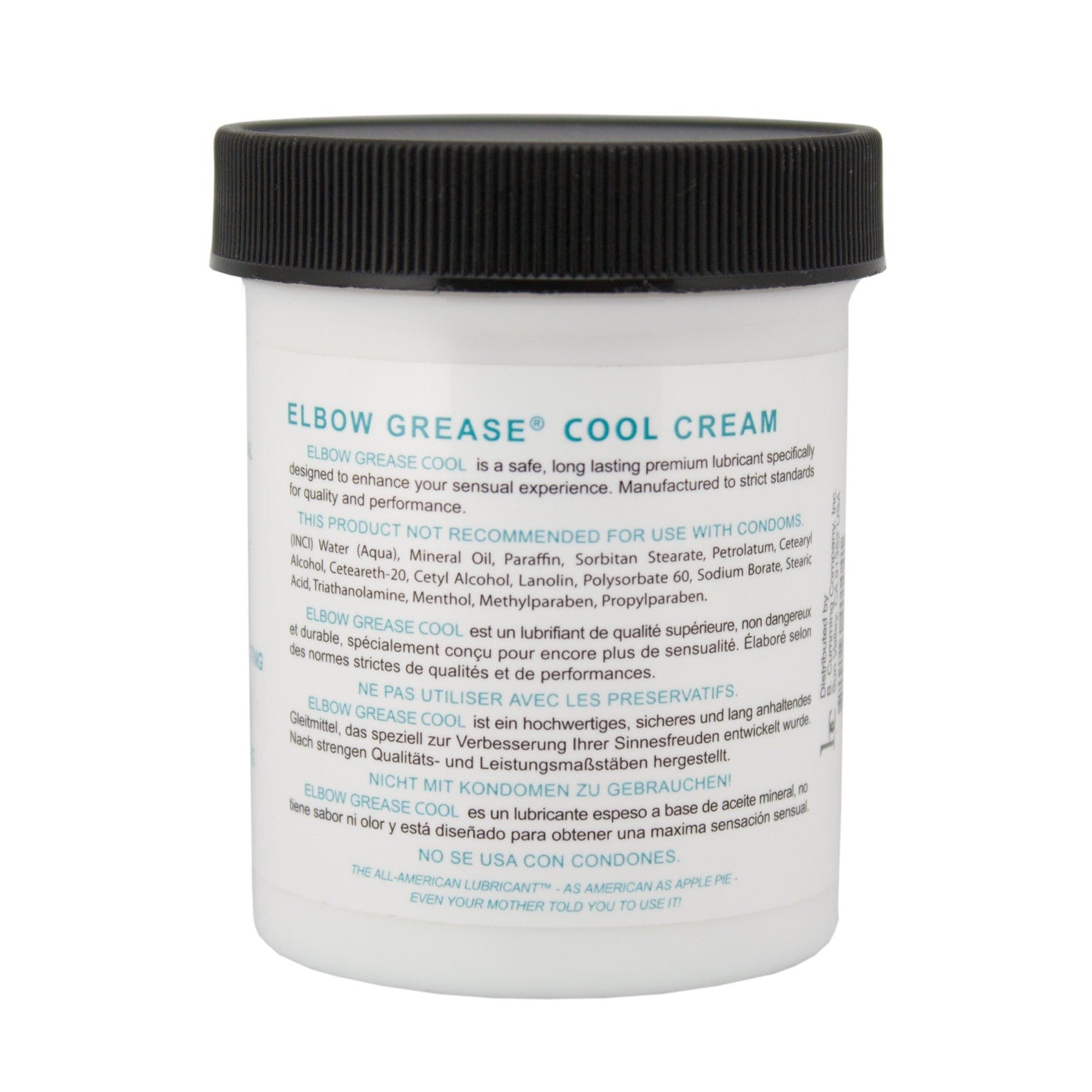 Image of a white jar with a black lid branded Elbow Grease Cool Cream. Described as a safe lubricant that tingles, not suitable for condoms. Contains ingredients and multilingual warnings. Ideal for exploring erogenous zones.