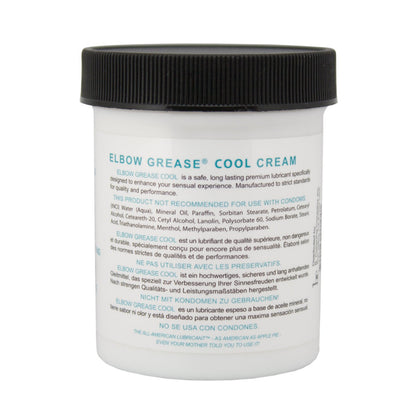 Image of a white jar with a black lid branded Elbow Grease Cool Cream. Described as a safe lubricant that tingles, not suitable for condoms. Contains ingredients and multilingual warnings. Ideal for exploring erogenous zones.