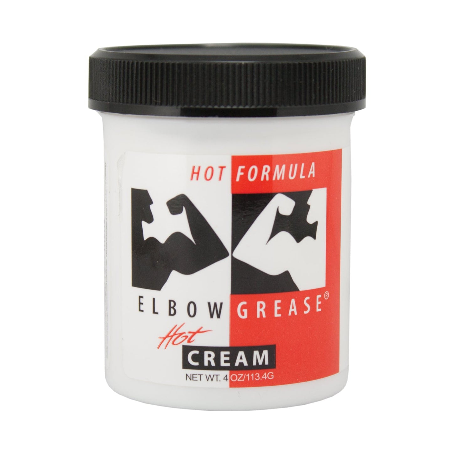 A 4 oz jar of Elbow Grease Hot Cream has a black lid and features black and red graphics with flexed arms on the label, highlighted by HOT FORMULA text. It provides a warming sensation for a premium experience.