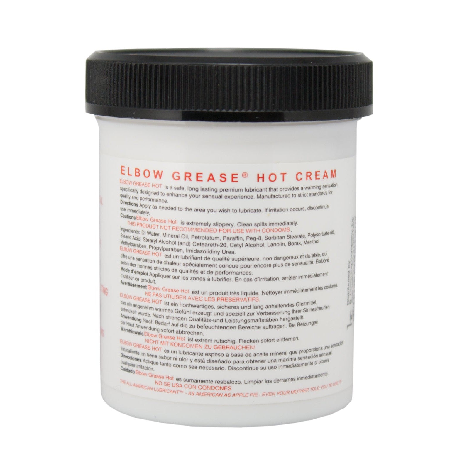 A white jar labeled Elbow Grease Hot Cream features a black lid and offers a warming sensation, complete with detailed product information and ingredients for this premium lubricant.