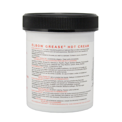A white jar labeled Elbow Grease Hot Cream features a black lid and offers a warming sensation, complete with detailed product information and ingredients for this premium lubricant.