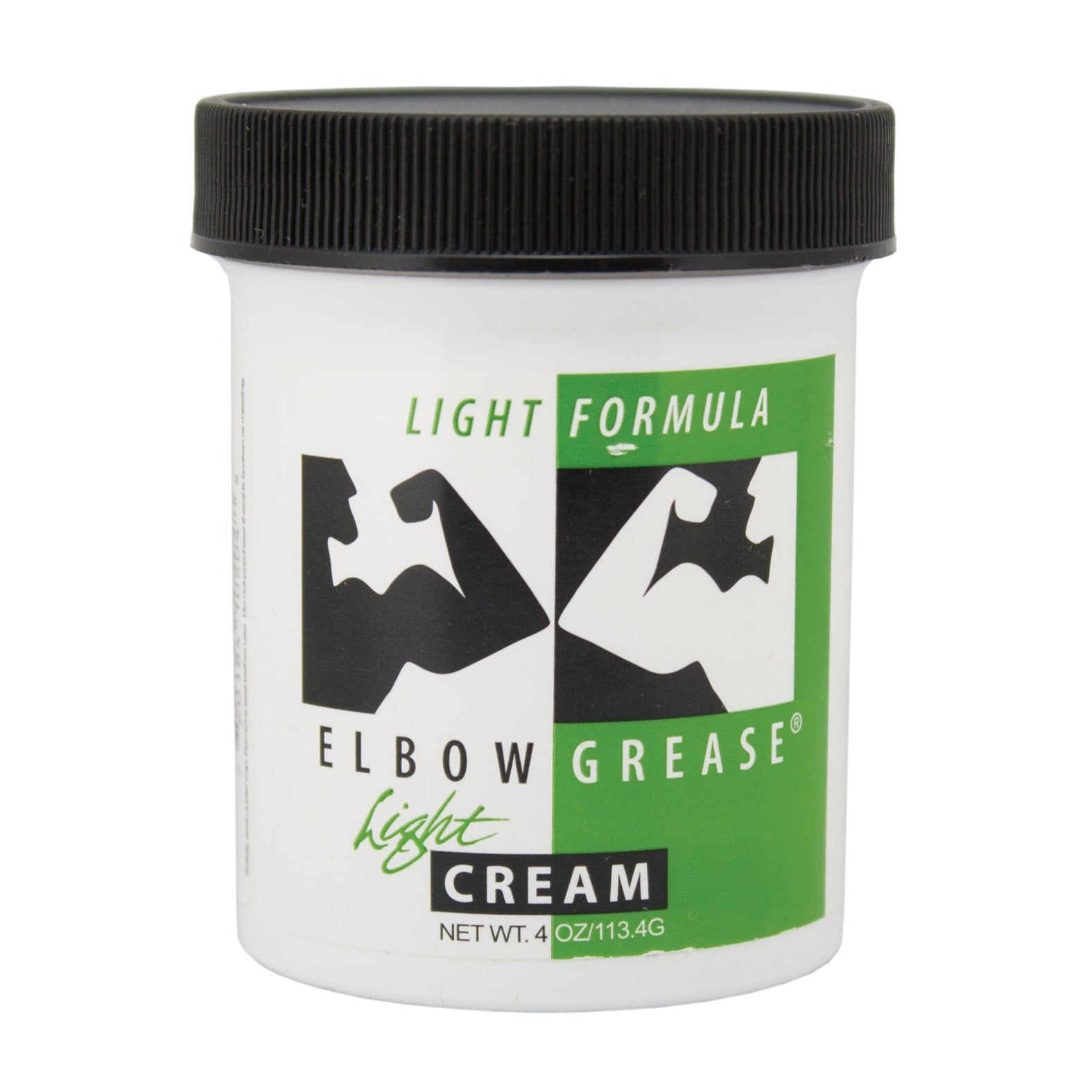 The Elbow Grease Light Cream comes in a white jar with a black lid, adorned with stylized black and white arm graphics featuring green accents. This mineral oil-based cream offers a silky glide. Net weight: 4 oz (113.4g).