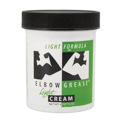 The Elbow Grease Light Cream comes in a white jar with a black lid, adorned with stylized black and white arm graphics featuring green accents. This mineral oil-based cream offers a silky glide. Net weight: 4 oz (113.4g).