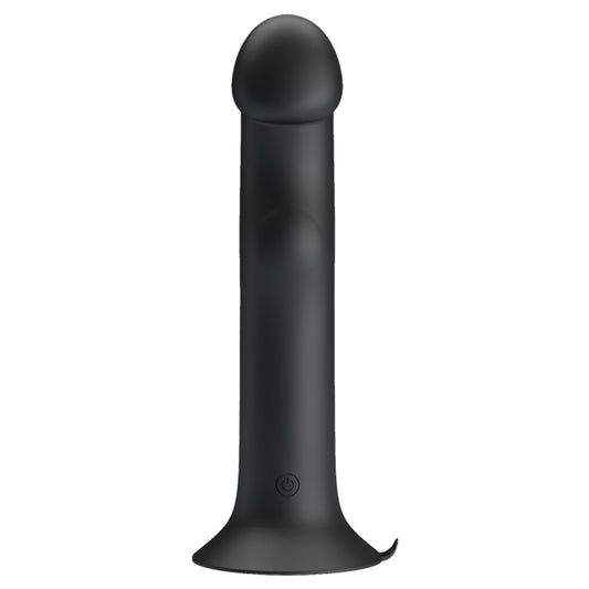 The Adams Toy Box Pretty Love Murray is a black, cylindrical massager with 12 vibration functions and a smooth surface. It features a slightly flared base for stability and a small power button, ideal for those seeking their own pleasure throne experience.