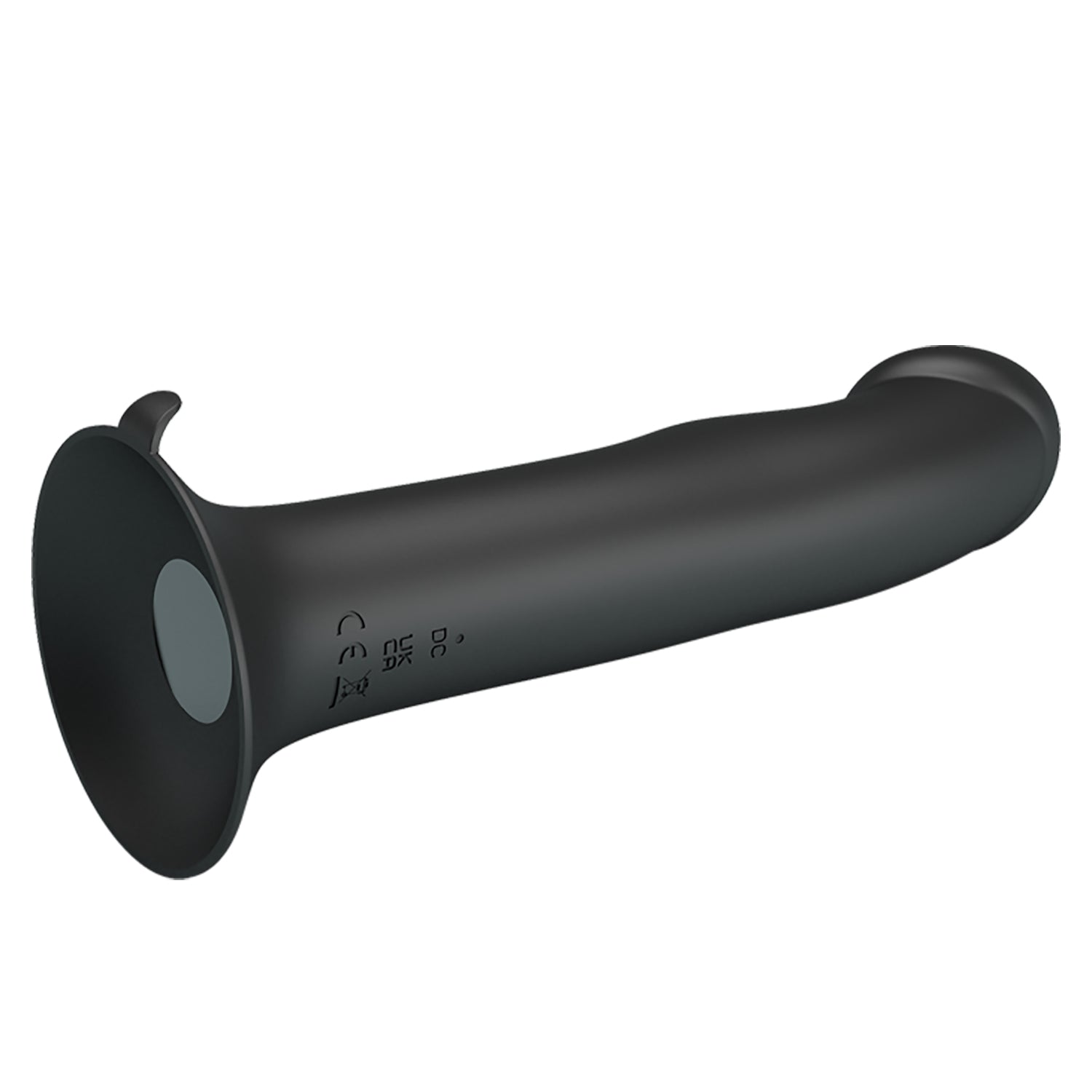The Pretty Love Murray Pulsating & Vibrating Suction Cup Dildo by Adams Toy Box is a black, handheld, cylindrical device with a wide suction cup and textured surface, featuring a button near the end to choose from 12 vibration functions for super-strong suction.
