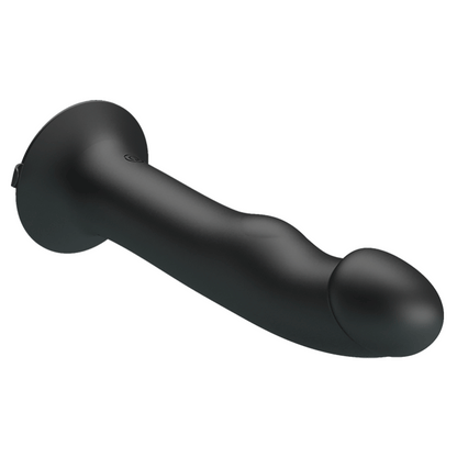 The Pretty Love Murray Pulsating & Vibrating Suction Cup Dildo by Adams Toy Box is black silicone with a super-strong suction base, a flared base, and features a pronounced head, textured shaft, and 12 vibration functions for personal pleasure.