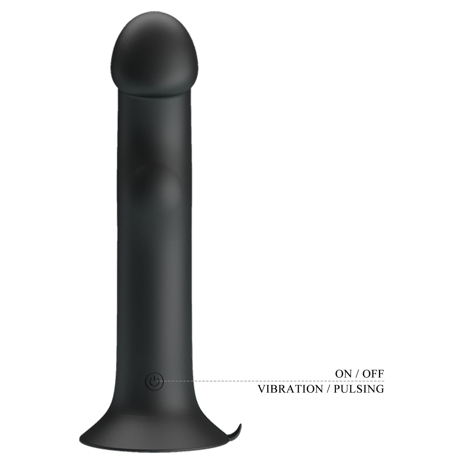 The Pretty Love Murray Pulsating & Vibrating Suction Cup Dildo by Adams Toy Box is a sleek black vibrator with a rounded tip and flared base. It features an On/Off button and offers 12 vibration functions, providing a simple yet elegant experience.