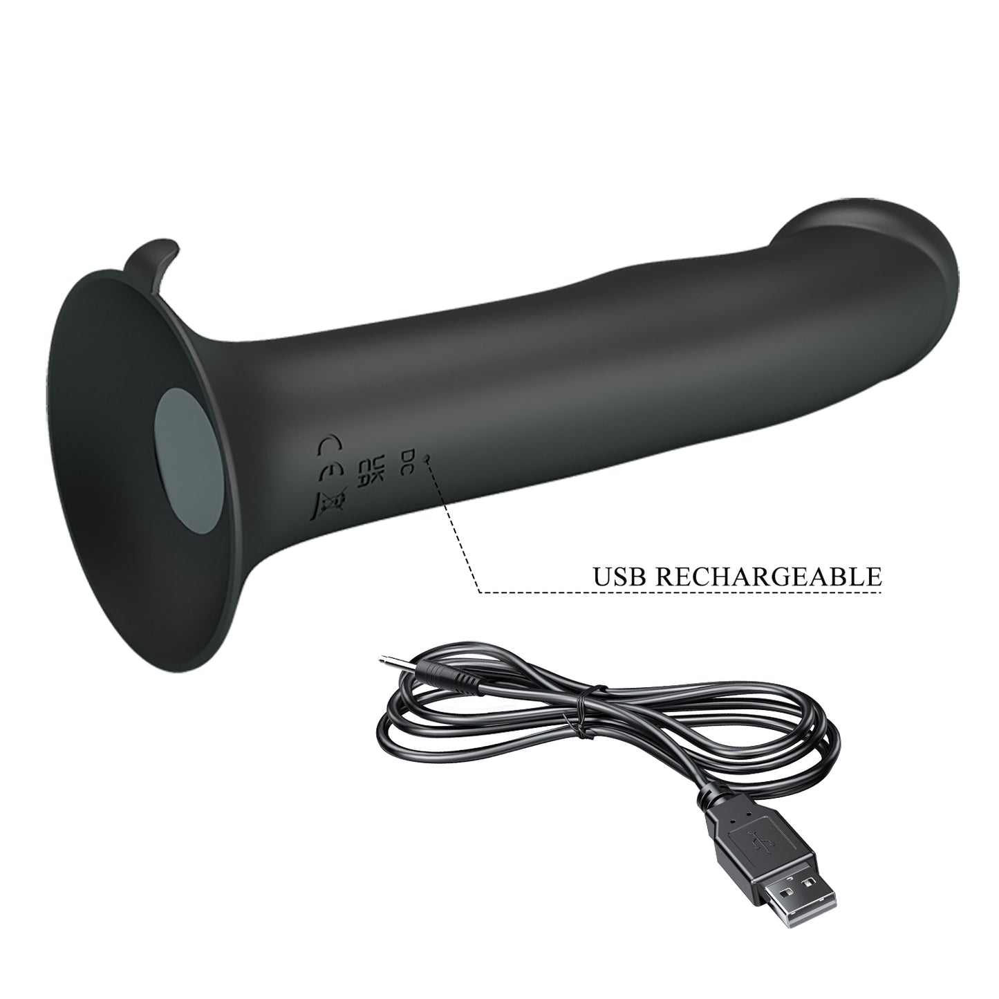 The Pretty Love Murray by Adams Toy Box is a black cylindrical dildo with a Super-Strong Suction Base, offering 12 vibration functions. USB rechargeable, it includes a charging cable to connect to the Pleasure Throne.