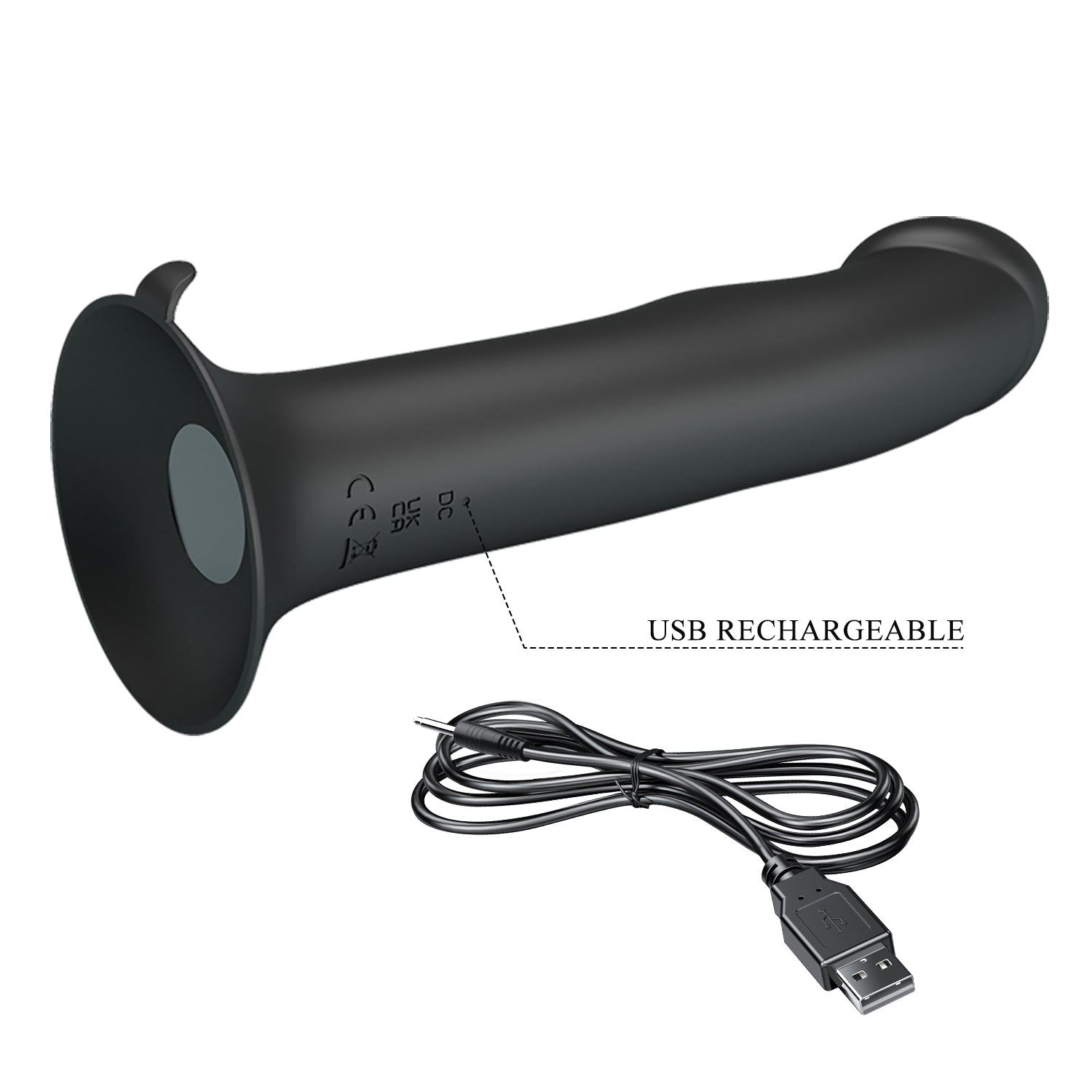 The Pretty Love Murray by Adams Toy Box is a black cylindrical dildo with a Super-Strong Suction Base, offering 12 vibration functions. USB rechargeable, it includes a charging cable to connect to the Pleasure Throne.