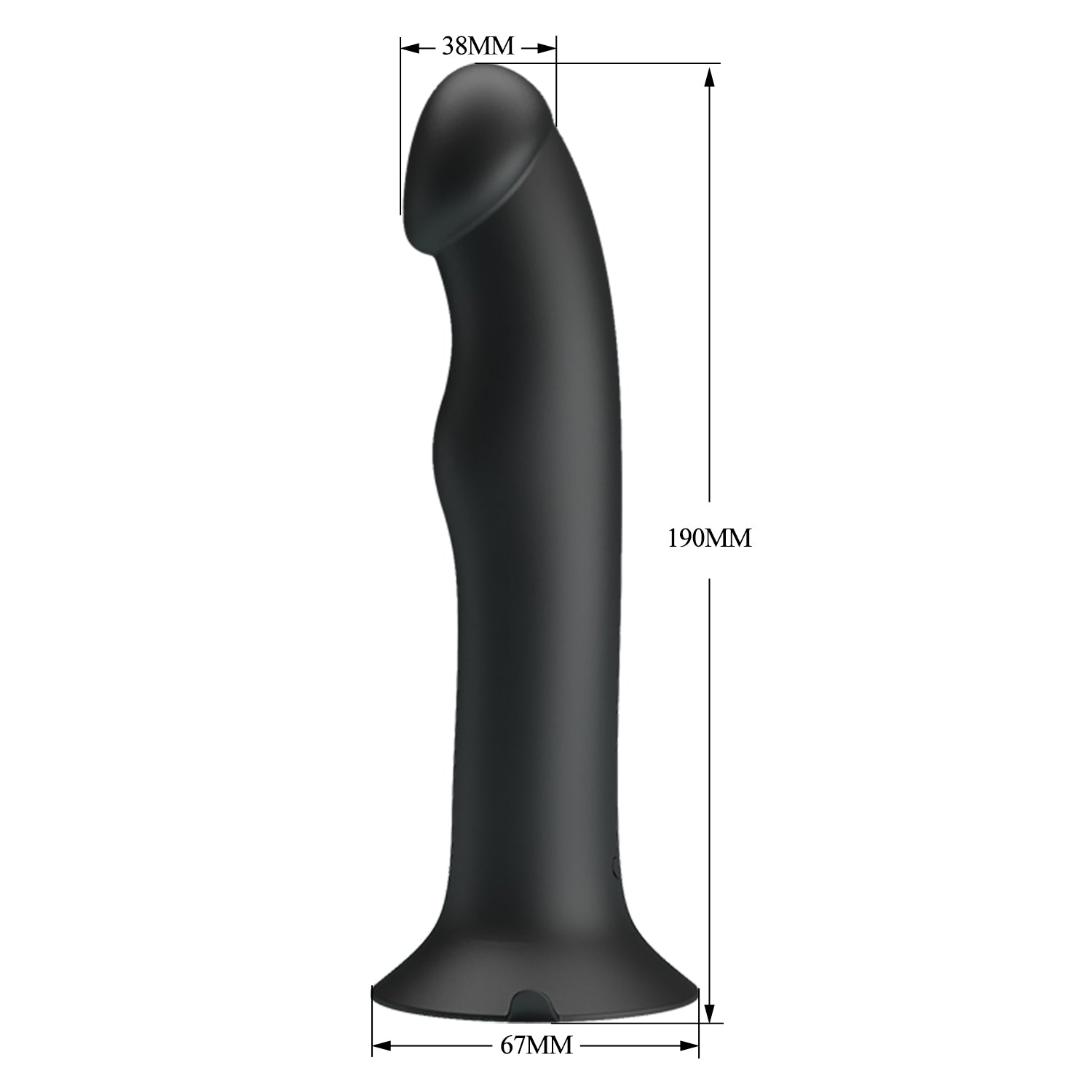 The Pretty Love Murray Pulsating & Vibrating Suction Cup Dildo by Adams Toy Box is a black, curved silicone toy with a tapered tip and wide base. It measures 38mm at the top, 67mm at the base, and is 190mm tall. The strong suction base ensures stability, while 12 vibration functions offer dynamic versatility.