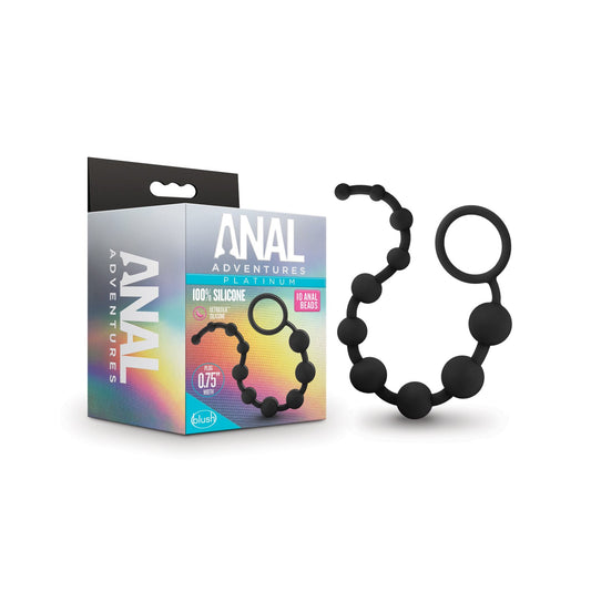 The Blush Anal Adventures Platinum Silicone 10 Anal Beads by Blush Novelties features silky smooth, beginner-friendly black silicone beads made from 100% body-safe material. It includes 10 small beads with a convenient ring handle for a comfortable introduction to anal play.
