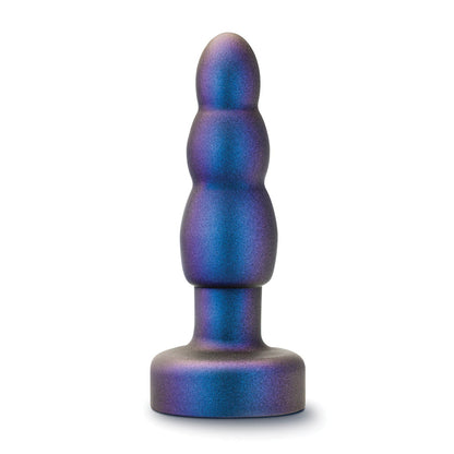 The Blush Anal Adventures Matrix Kinetik Plug - Space Age Blue by Blush Novelties is a rechargeable, metallic silicone vibrating butt plug with a smooth, tiered design and wide base, shown upright against a white background.