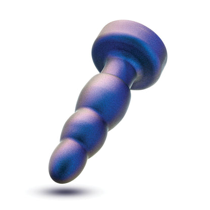 The Blush Anal Adventures Matrix Kinetik Plug by Blush Novelties in Space Age Blue, featuring three beads and a flared base, is displayed against a white background.