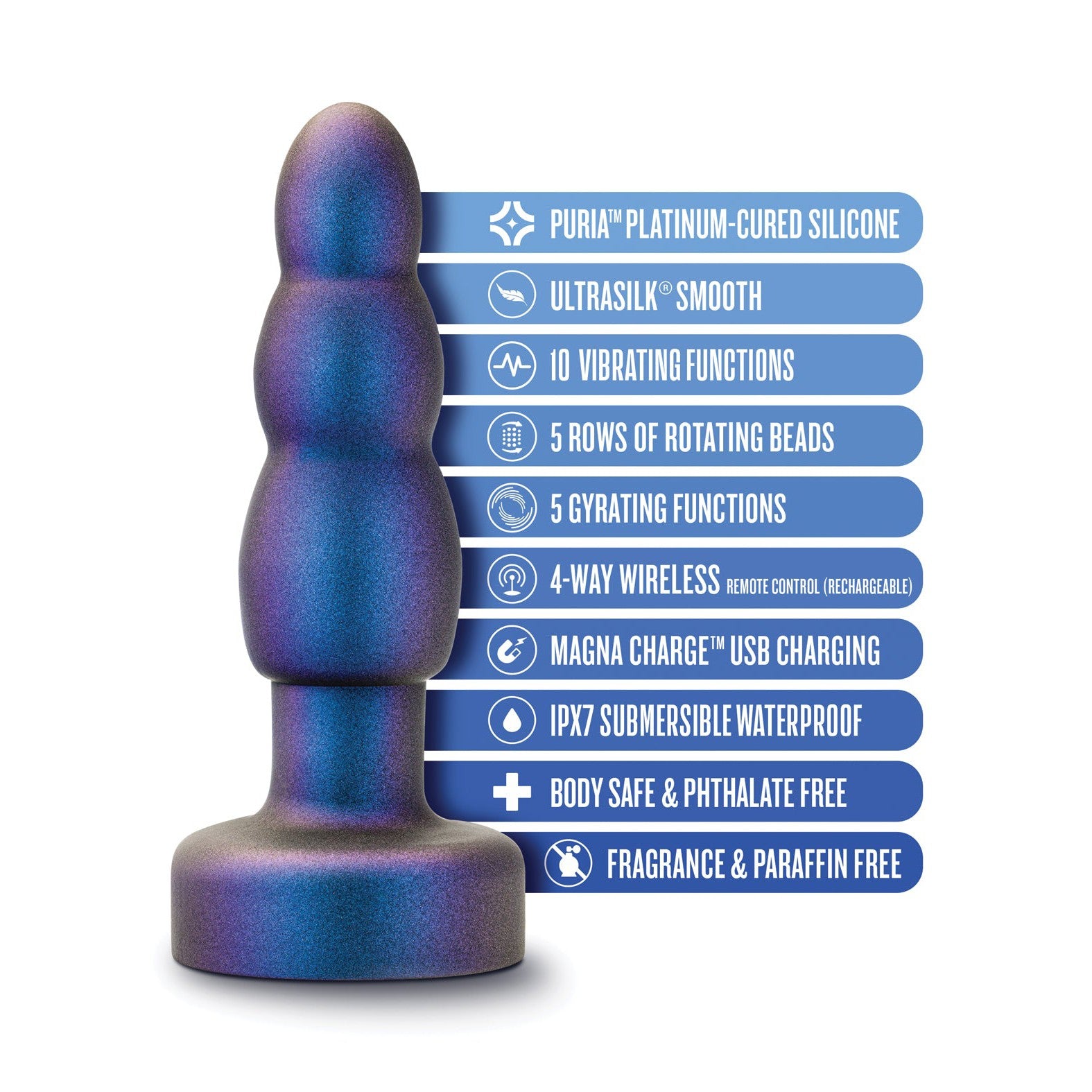 The Blush Anal Adventures Matrix Kinetik Plug – Space Age Blue by Blush Novelties stands upright, featuring silicone material, 10 vibration settings, waterproof design, USB charging, and a fragrance-free build.