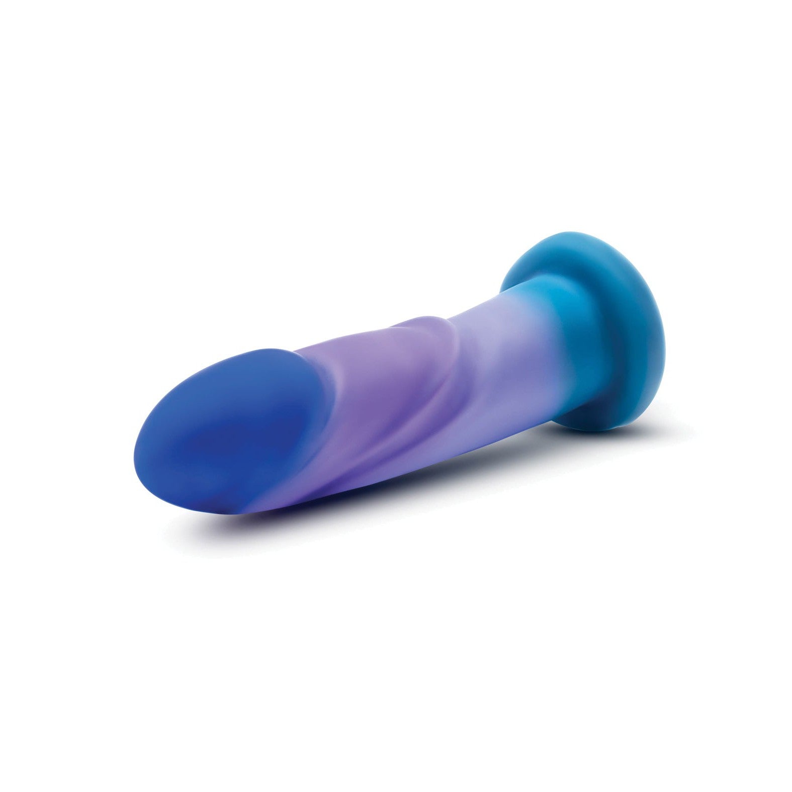 The Blush Avant Midnight Rendezvous Silicone Dildo by Blush Novelties showcases a smooth, curved design with blue and purple hues and a sturdy, flared suction base for stability.