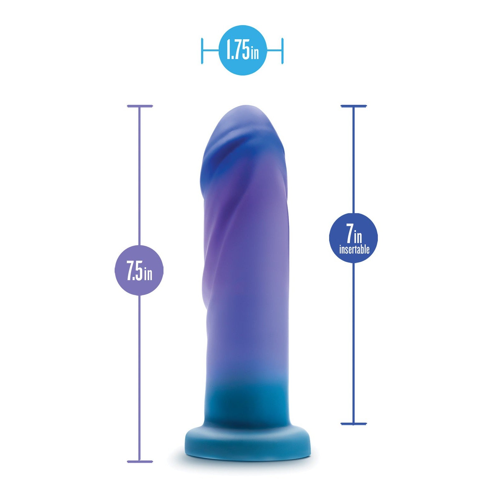 The Blush Avant Midnight Rendezvous silicone dildo by Blush Novelties features premium silicone in captivating blue and purple shades, with a 1.75-inch diameter, 7.5-inch total length, and 7 inches insertable. Its curved shape and strong suction base ensure a secure, satisfying experience.