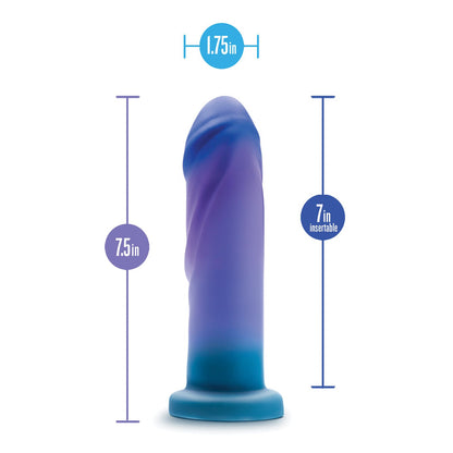The Blush Avant Midnight Rendezvous silicone dildo by Blush Novelties features premium silicone in captivating blue and purple shades, with a 1.75-inch diameter, 7.5-inch total length, and 7 inches insertable. Its curved shape and strong suction base ensure a secure, satisfying experience.