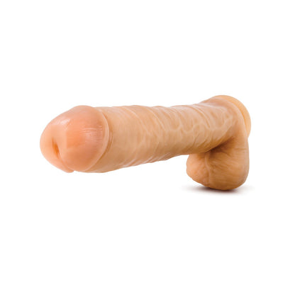 The Blush Hung Rider Bruno 12 Dildo by Blush Novelties is a realistic, flesh-colored silicone piece with veined texture, embodying the essence of male genitalia in an erect form against a plain white backdrop, showcasing authenticity and craftsmanship.