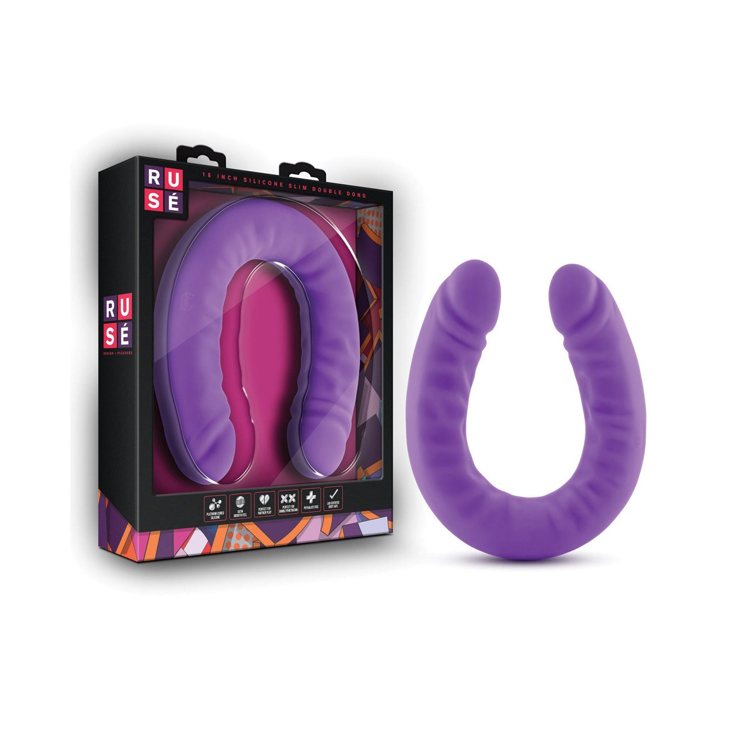 A purple U-shaped Blush Ruse 18 Slim Double Dong, made from body-safe silicone for versatile play, is shown next to its packaging. The package, in black and purple with decorative patterns, features an image of the Blush Novelties product inside.
