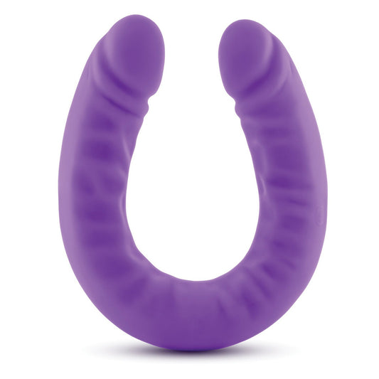The Blush Ruse 18 Slim Double Dong by Blush Novelties is a purple, U-shaped silicone toy with a textured surface. Its designed from body-safe silicone to be flexible and maintain its shape, providing versatile play options for an enhanced experience.