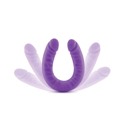 The Blush Ruse 18 Slim Double Dong by Blush Novelties is a purple, flexible silicone object with a textured surface displayed in various positions against a white background. This body-safe silicone dildo offers curved, versatile play for a delightful experience.