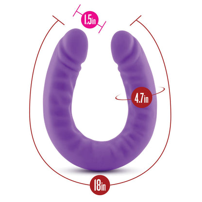 The Blush Ruse 18 Slim Double Dong by Blush Novelties is a versatile U-shaped toy made from body-safe silicone, offering flexible play with its 18-inch length, 1.5-inch diameter, and 4.7-inch circumference for diverse experiences.