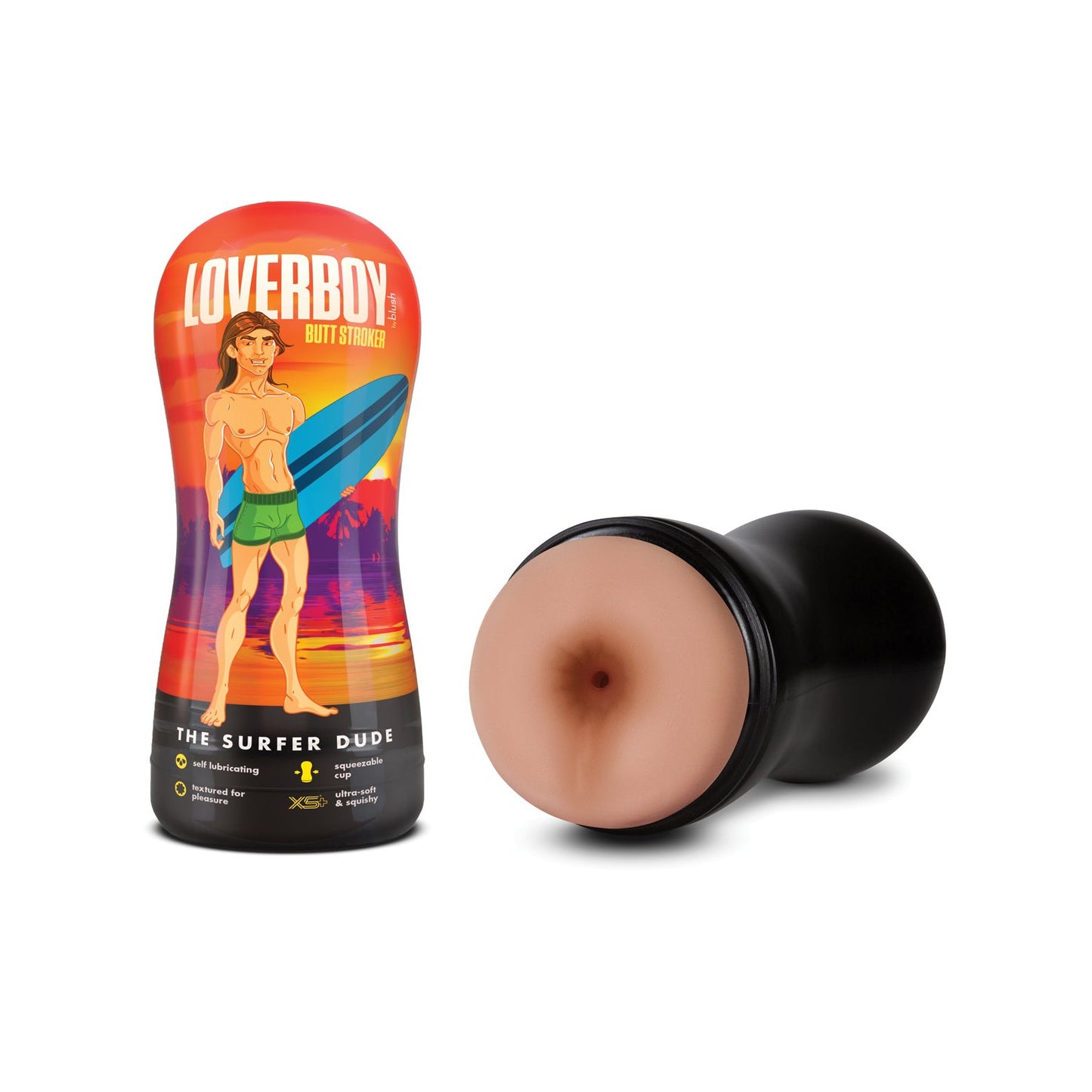 The Blush Coverboy The Surfer Dude by Blush Novelties is a male-oriented stroker with a self-lubricating design. It features a black body and realistic skin-tone opening, attractively packaged with artwork of a cartoon surfer in green shorts holding a surfboard.