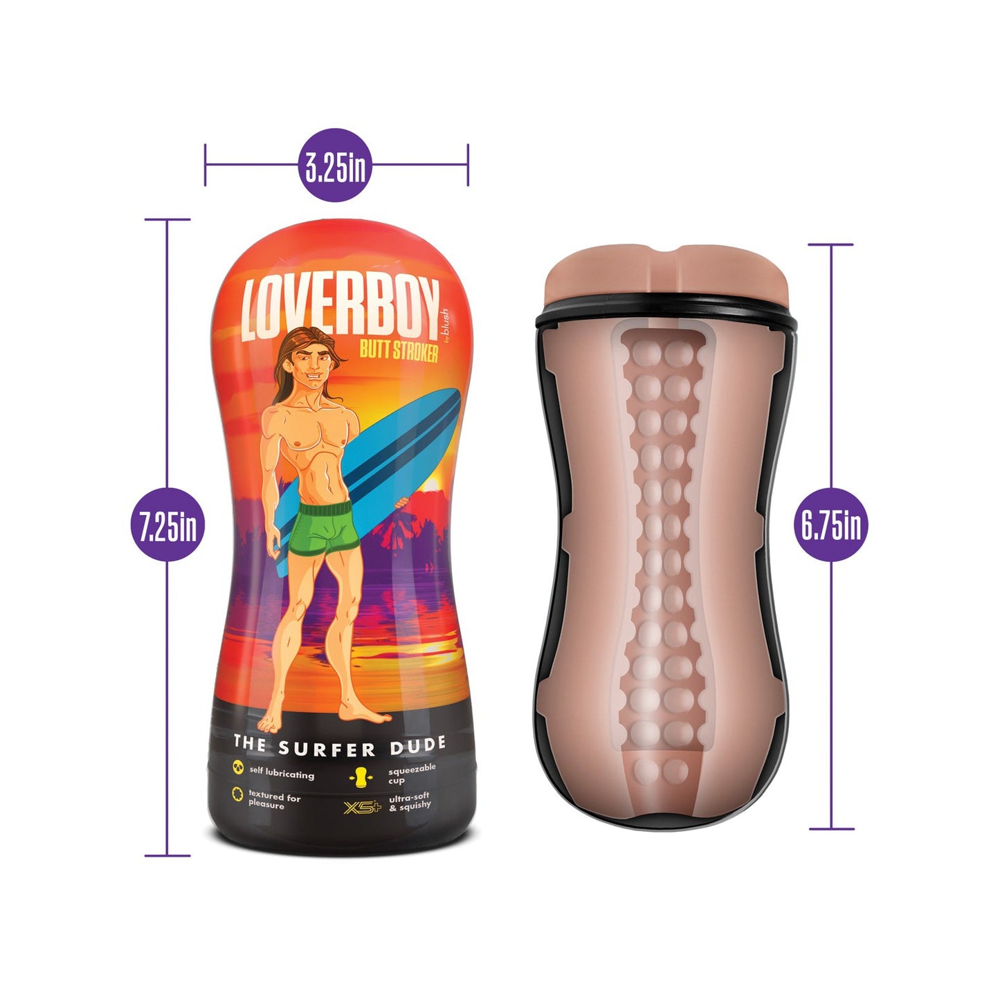 A product image shows a container labeled Blush Coverboy The Surfer Dude from Blush Novelties, sized 7.25 by 3.25 inches, with a self-lubricating stroker featuring a textured interior for enhanced pleasure, measuring 6.75 inches.