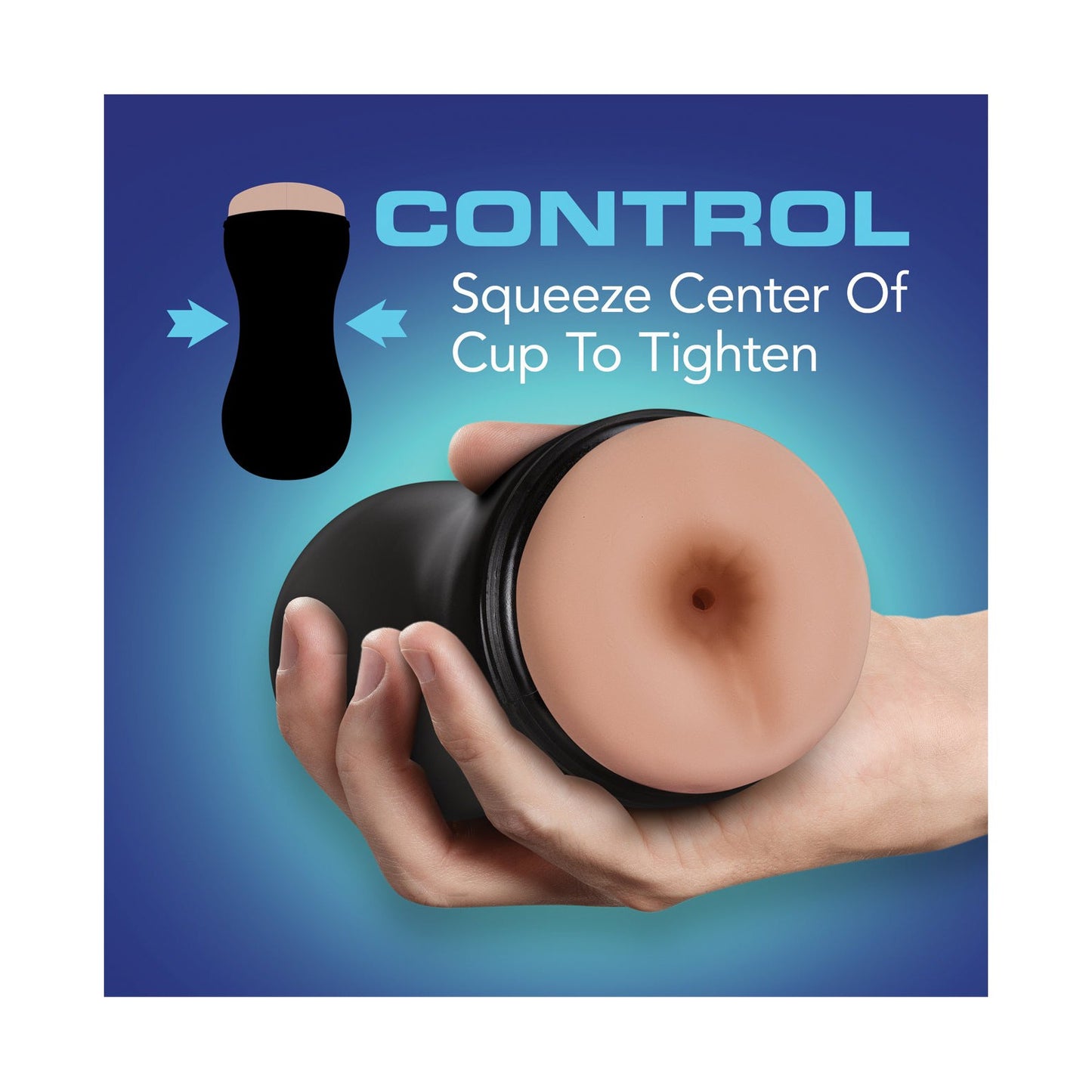 A hand holds Blush Coverboy The Surfer Dude, a black cylindrical cup with a beige rounded top from Blush Novelties. Text on it reads, CONTROL - Squeeze Center of Cup To Tighten, set against a blue gradient for a Surfer Dude vibe.