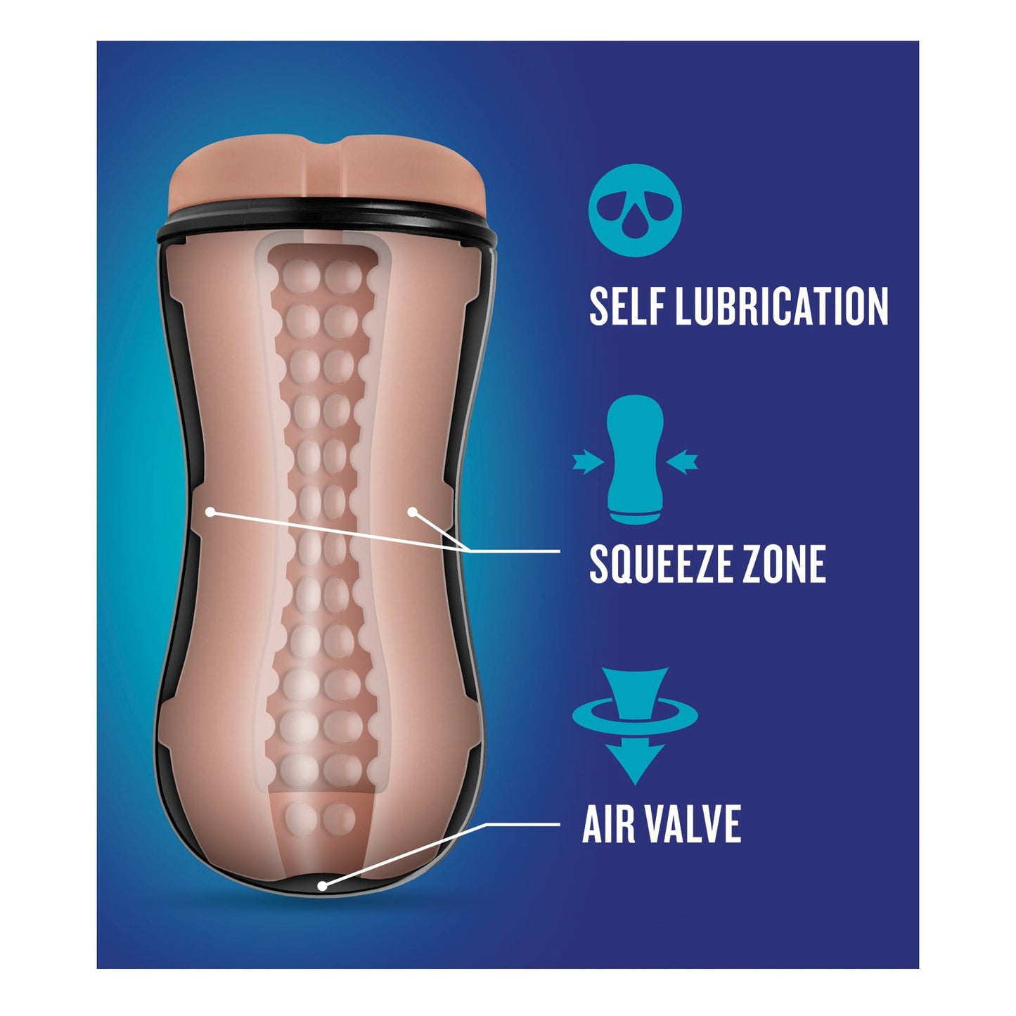 A diagram of the Blush Novelties Blush Coverboy The Surfer Dude shows its cylindrical design with labeled features like the self-lubricating Squeeze Zone and an Air Valve at the bottom, all set against a cool blue background evoking a surfer vibe.